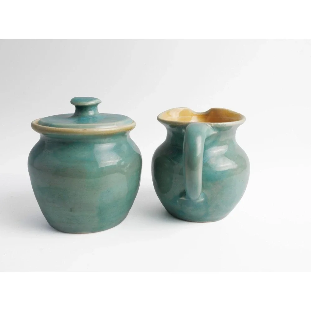 Pisgah Forest Pottery Vintage Creamer Sugar Set Blue-Green Glaze North Carolina